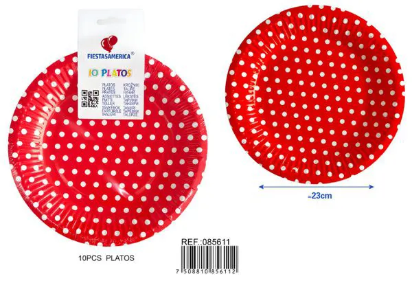 Platos de papel rojo de lunares