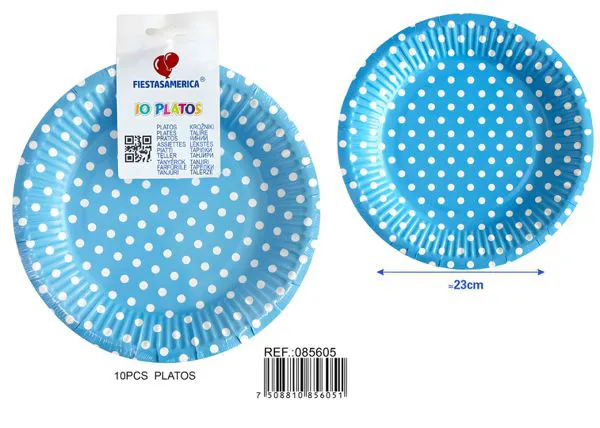 Platos de papel azul de lunares
