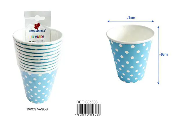 Vasos de papel azul de lunares
