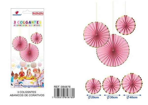 Set de abanicos de papel rosas con borde dorado