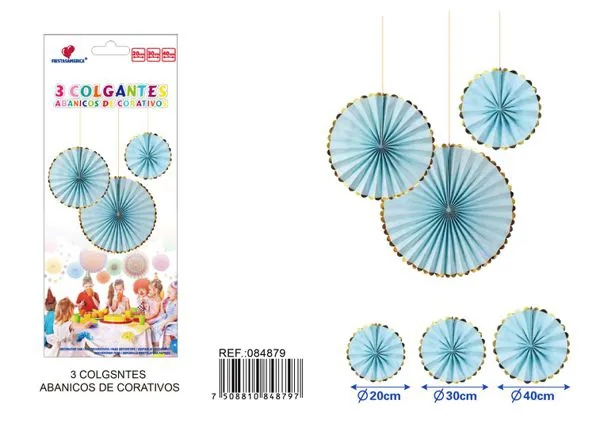 Set de abanicos de papel azules con borde dorado