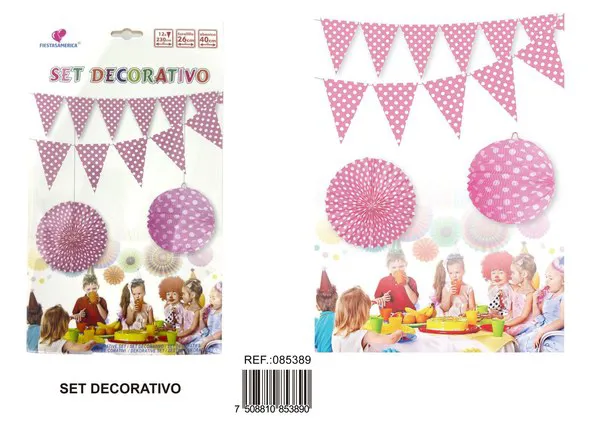 Set de decoración de fiesta rosa con banderines, farolillo y abanico