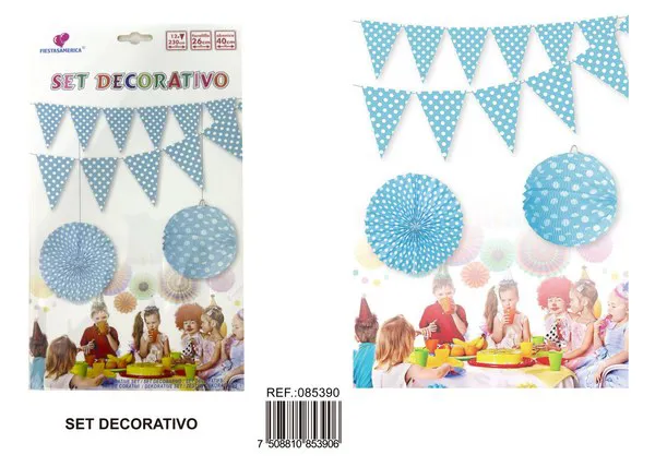 Set de decoración de fiesta azul con banderines, farolillo y abanico