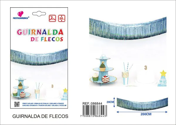 Cortina de flecos holográfica azul claro