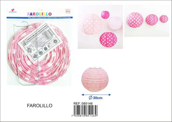 Farolillo de papel rosa de lunares blancos
