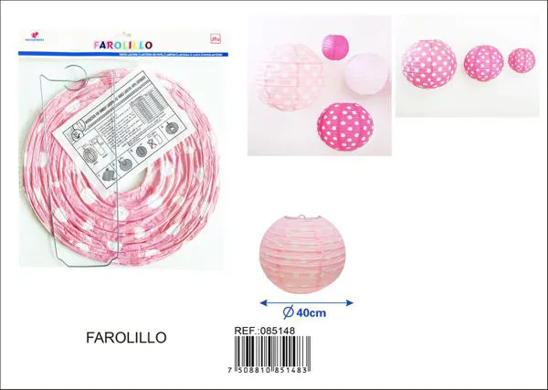 Farolillo de papel rosa de lunares blancos