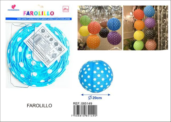 Farolillo de papel azul de lunares blancos