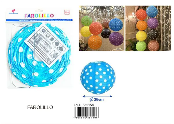 Farolillo de papel azul de lunares blancos