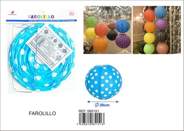 Farolillo de papel azul de lunares blancos