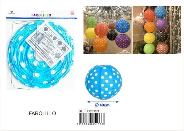 Farolillo de papel azul de lunares blancos