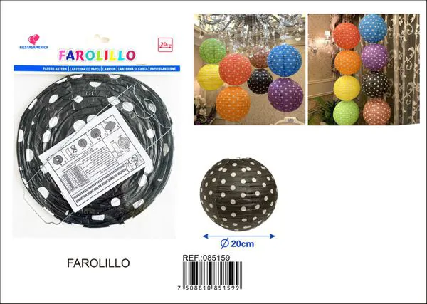 Farolillo de papel negro de lunares blancos