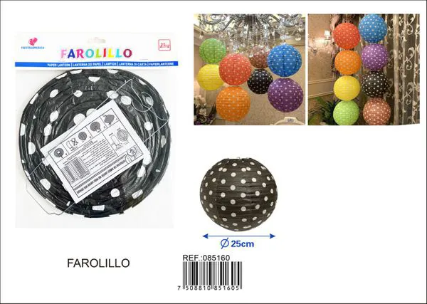 Farolillo de papel negro de lunares blancos