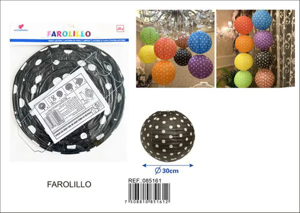 Farolillo de papel negro de lunares blancos