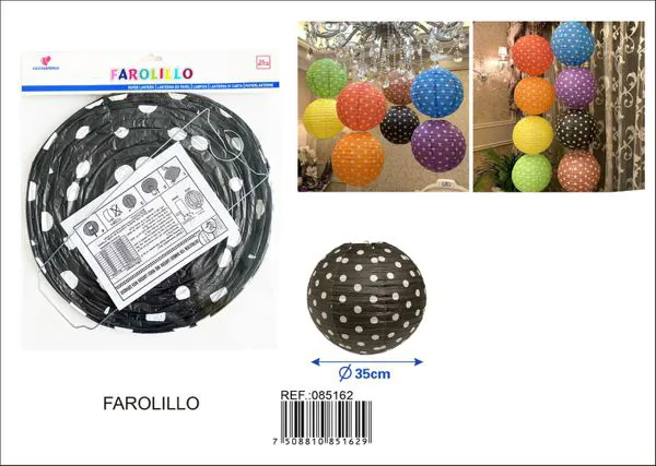 Farolillo de papel negro de lunares blancos