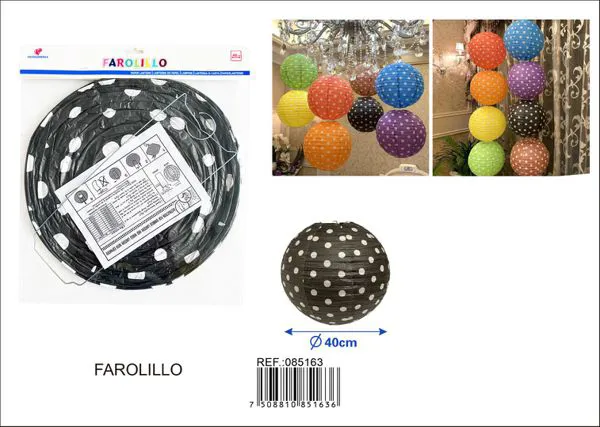Farolillo de papel negro de lunares blancos