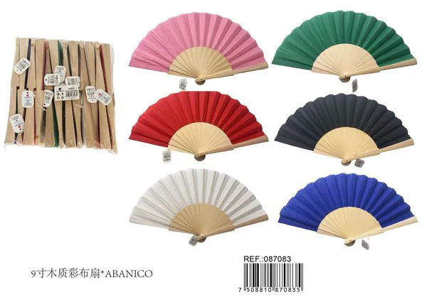 Abanico de tela con mango de madera multicolor