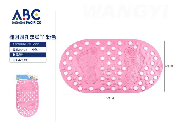Tapete de baño ovalado con huellas y orificios rosa