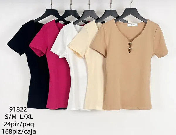 Playeras de manga corta con cuello en V y botones-91822