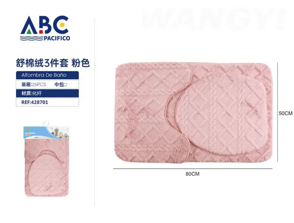 Tapete de baño de felpa de algodón rosa, set de 3 piezas