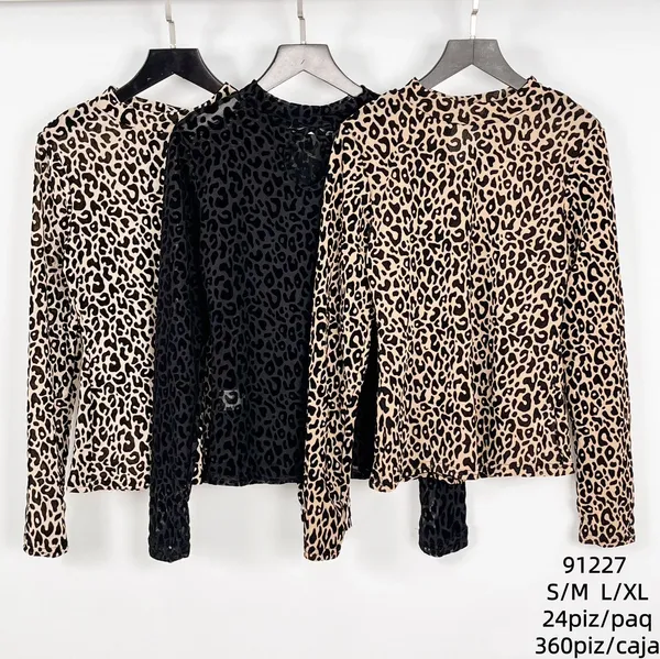 Blusa de manga larga con estampado de leopardo-91227