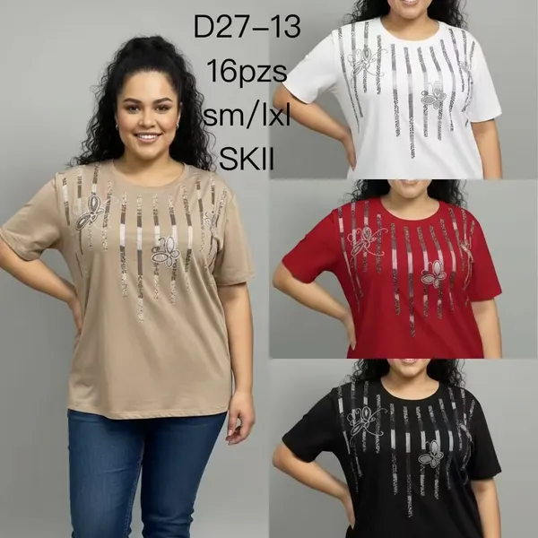 Playera de mujer con estampado brillante de mariposas y rayas-D27-13