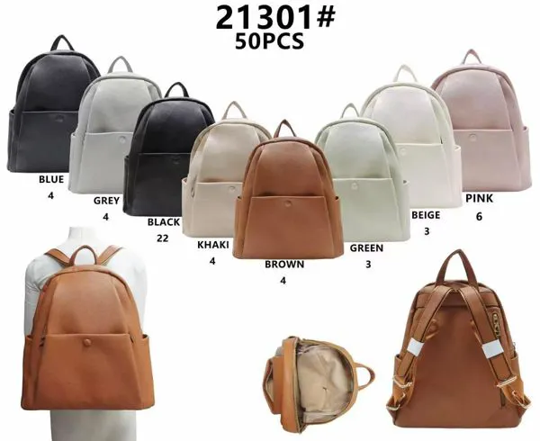 Mochila de piel sintética con bolsillos laterales para mujer