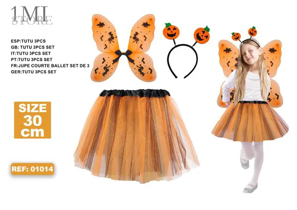 Conjunto de Halloween de calabaza: tutú, alas y diadema (3 piezas)