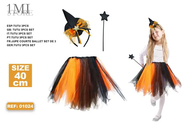 Conjunto de bruja de Halloween: tutú, diadema con sombrero y varita (3 piezas)