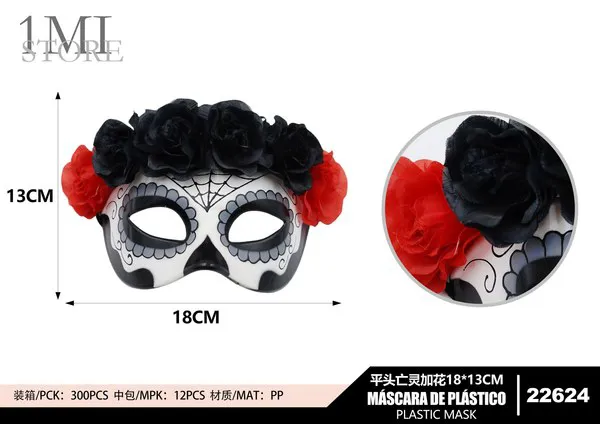 Máscara de plástico de calavera con flores