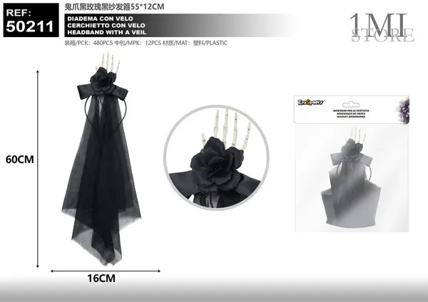 Diadema con velo negro, rosas y garra