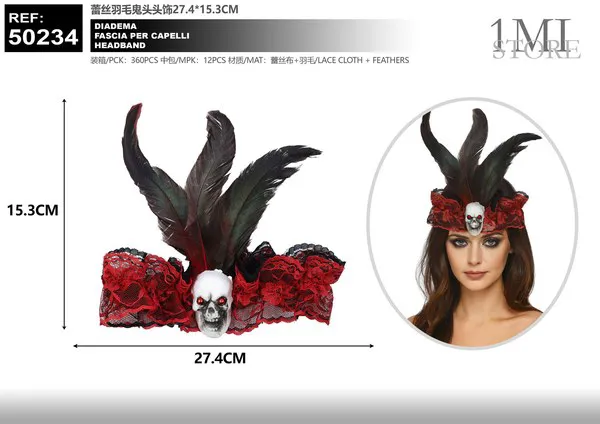 Tocado de encaje y plumas con calavera
