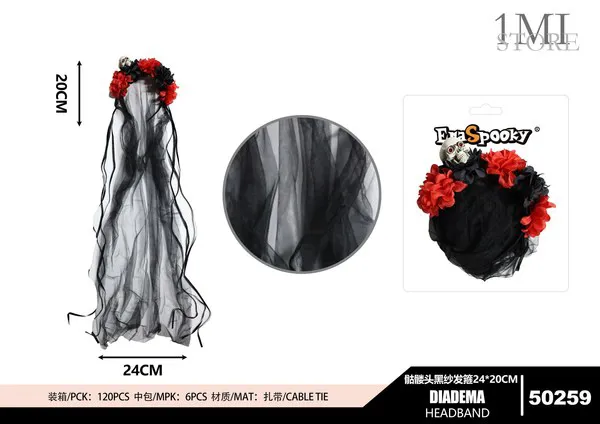 Diadema con velo negro y calavera