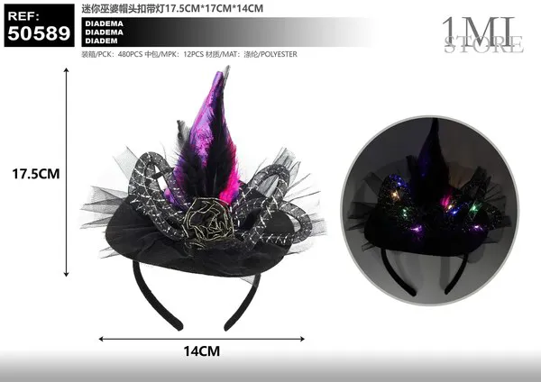 Diadema con mini sombrero de bruja con luz