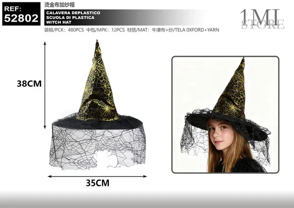 Sombrero de bruja de tela dorada con velo