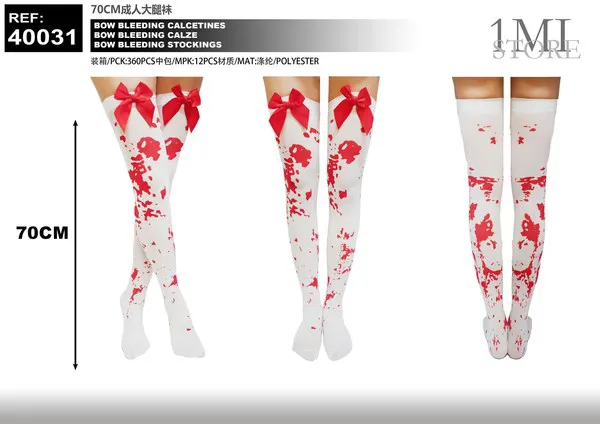Medias altas blancas ensangrentadas con moño rojo para adulto (70 cm)