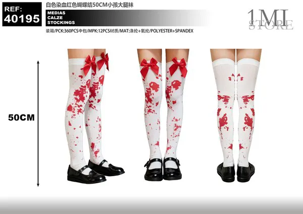 Medias altas blancas ensangrentadas con moño rojo para niño (50 cm)