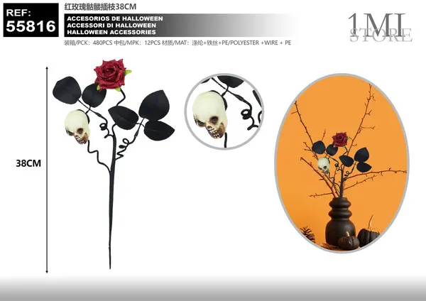 Rama decorativa de calavera con rosas rojas (38 cm)