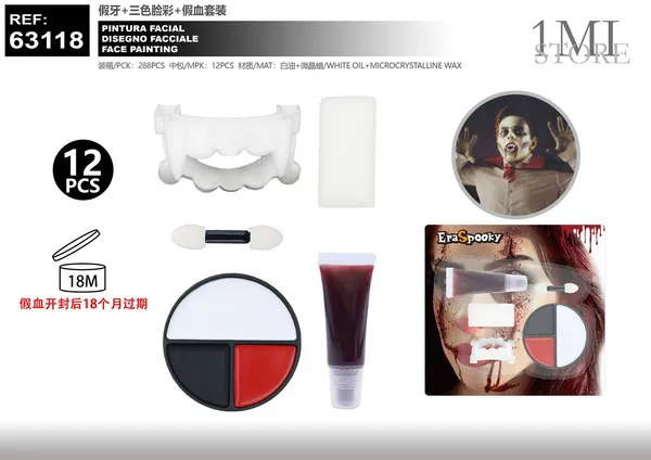 Set de pintura facial de 3 colores con dientes y sangre falsa
