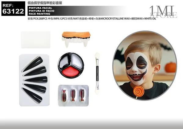 Set de maquillaje de Halloween: sangre, dientes, uñas y pintura facial (20x20 cm)