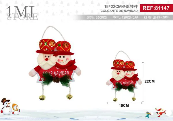 Muñeco navideño colgante Santa y muñeco de nieve con campanas 22 cm