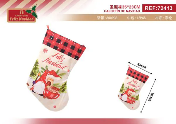 Calcetin navideño con gnomo Feliz Navidad 35x23 cm