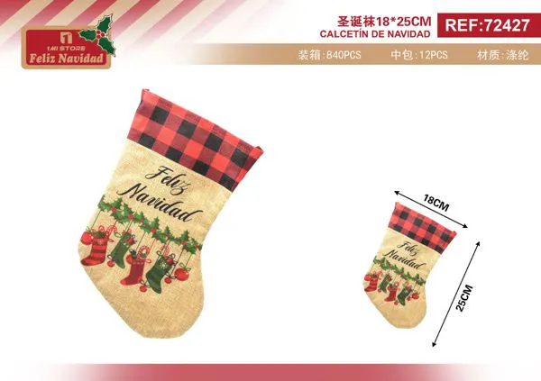 Calcetin navideño de yute Feliz Navidad 18x25 cm