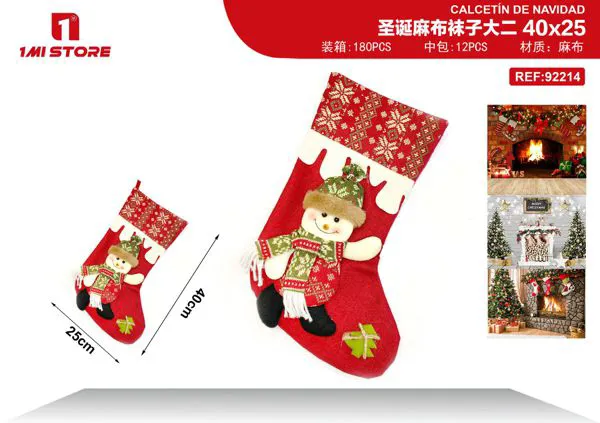 Calcetin navideño de yute con muñeco de nieve 3D 40x25 cm