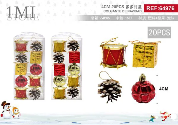 Set de adornos navideños surtidos 4 cm con tambores, regalos, piñas y esferas 20 piezas