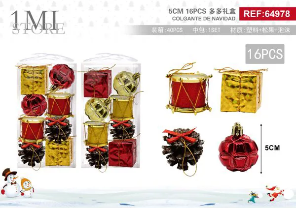 Set de adornos navideños surtidos 5 cm con tambores, regalos, piñas y esferas 16 piezas