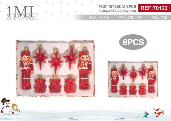 Set de adornos navideños rojos cascanueces, estrellas y ositos 8 piezas