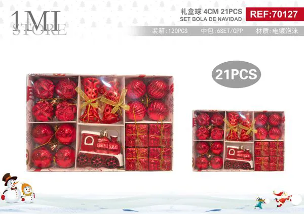 Set de esferas navideñas rojas con copos y trenecito 4 cm 21 piezas