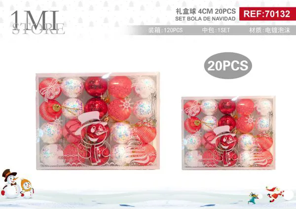 Set de esferas navideñas rojo y blanco con muñeco de nieve 4 cm 20 piezas