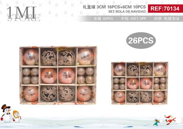 Set de esferas navideñas color champan 3 y 6 cm 26 piezas