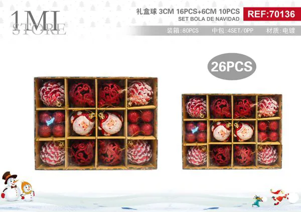 Set de esferas navideñas rojo y blanco con Santa 3 y 6 cm 26 piezas